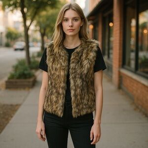 MONORENO Size L Brown Faux Fur Furry Cozy Sleeveless Vest Jacket